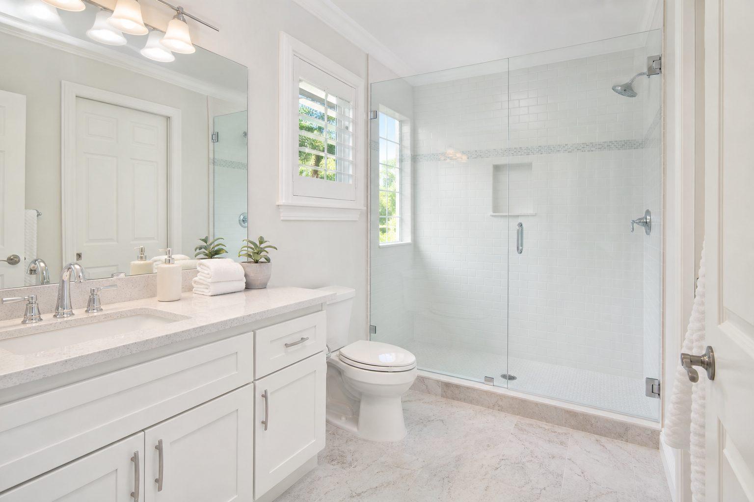 Pristine Florida bathroom with sparkling glass shower and chrome fixtures after deep cleaning
