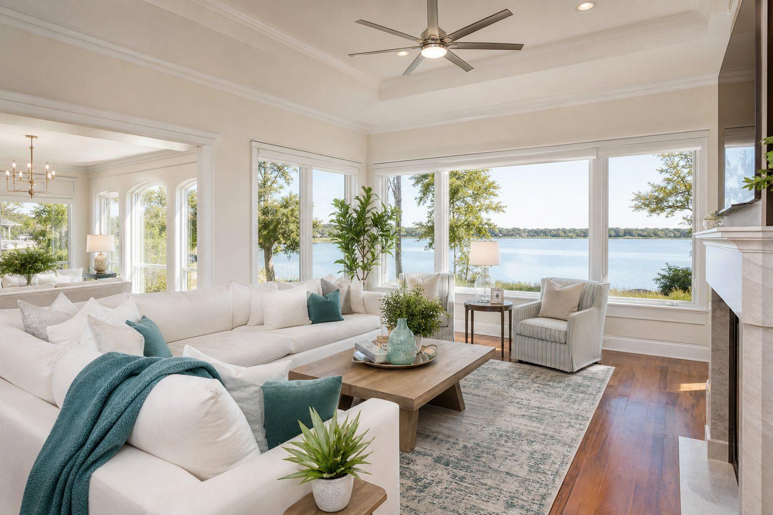 Bright, freshly cleaned Winter Haven living room with lake light through large windows