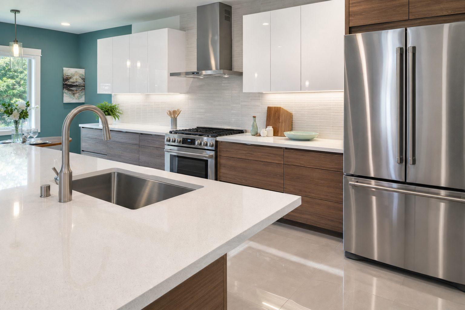 Spotless modern kitchen with gleaming counters and appliances after standard house cleaning