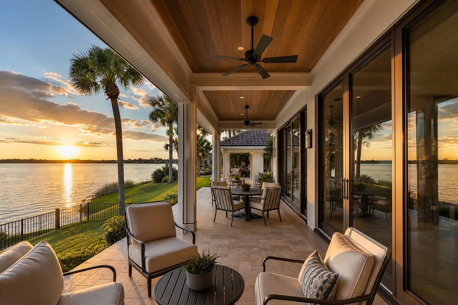 Chain of Lakes lakefront home lanai with sparkling glass doors overlooking calm water at golden hour