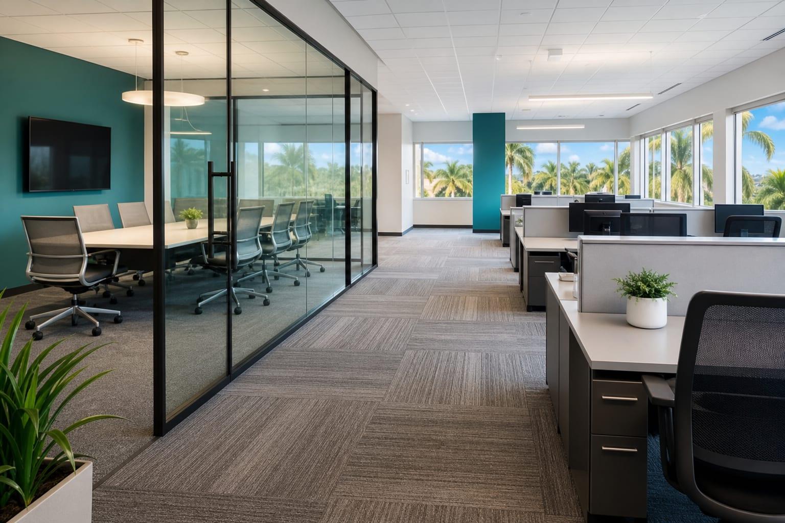 Modern Winter Haven office with polished desks and glass conference room after commercial cleaning