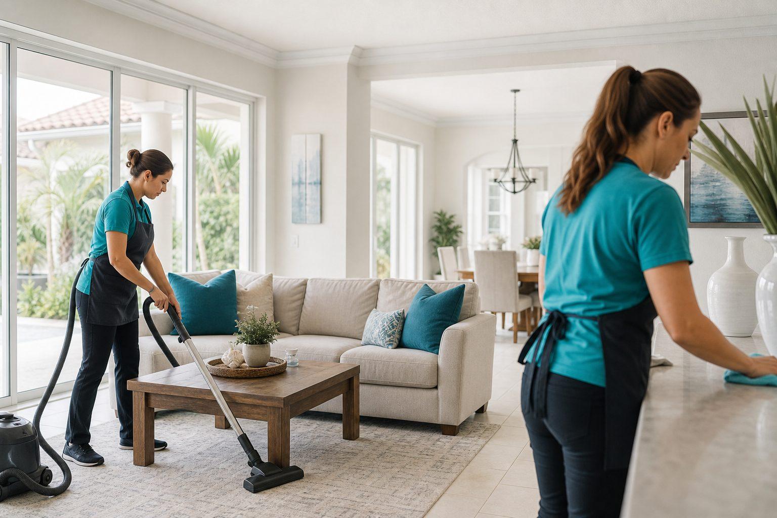Two professional cleaners working as a team in a bright Florida home