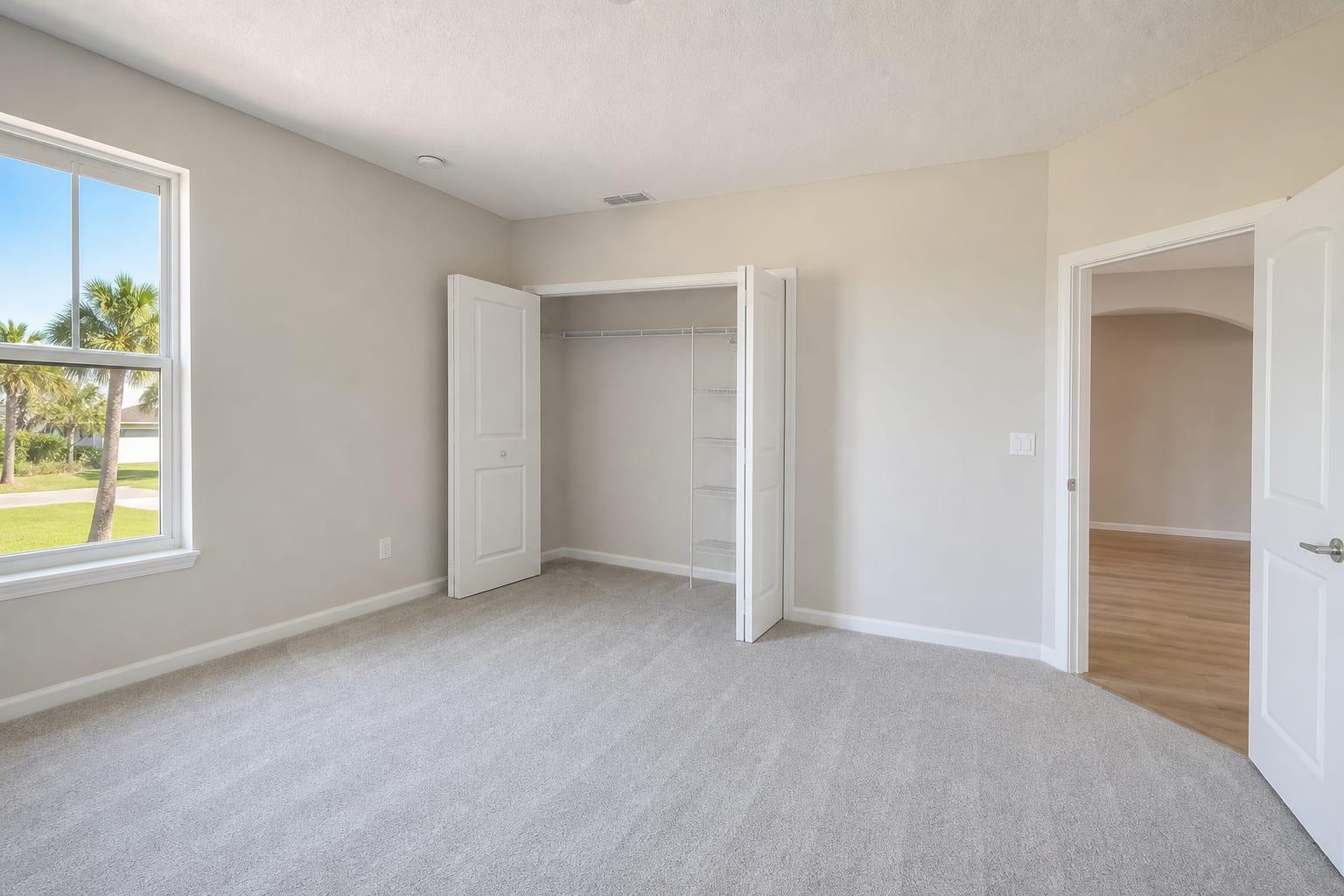 Freshly sanitized empty bedroom with sparkling windows ready for move-in