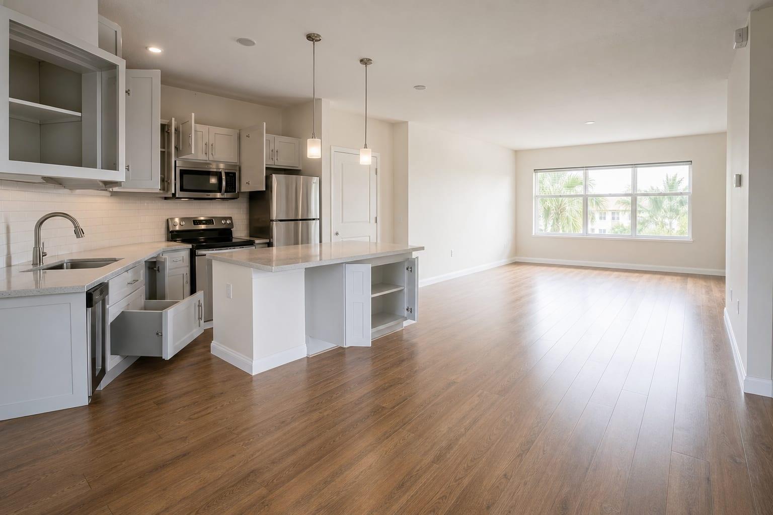 Empty Florida apartment with sparkling floors ready for landlord walkthrough